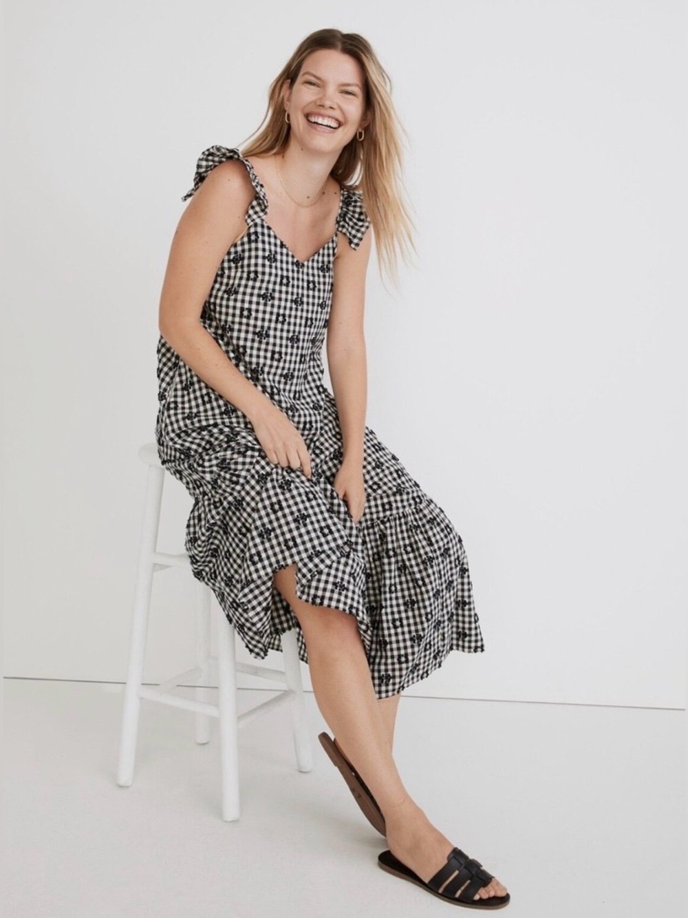 Madewell Gingham Print Ruffle Hem Maxi Tent Dress Black & White Women’s Size 00